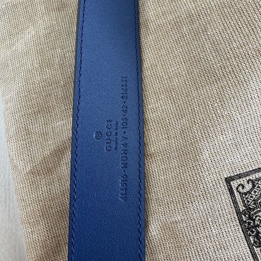 New Gucci Belt GG Supreme Monogram Calfskin Enamel 30mm Belt 105 Cm 42 In Blue - Picture 8 of 8